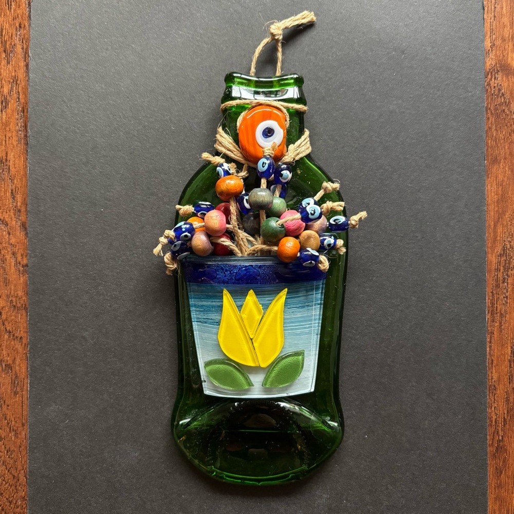 Handmade Turkish Blown Glass Evil Eye Art | Floral Wall Art Green Mosaic - Picture 2 of 7